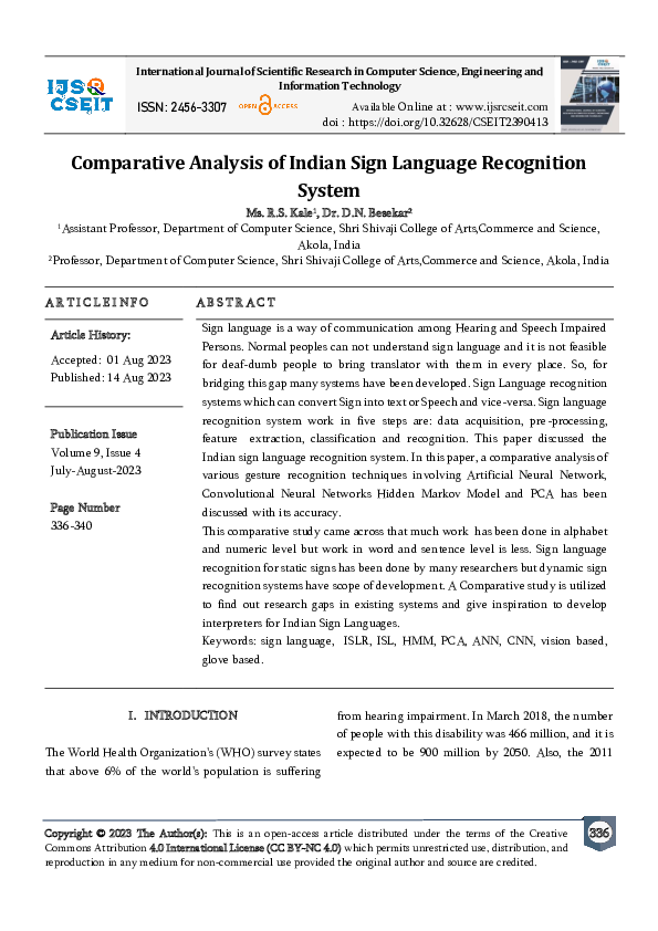 (PDF) Comparative Analysis of Indian Sign Language Recognition System