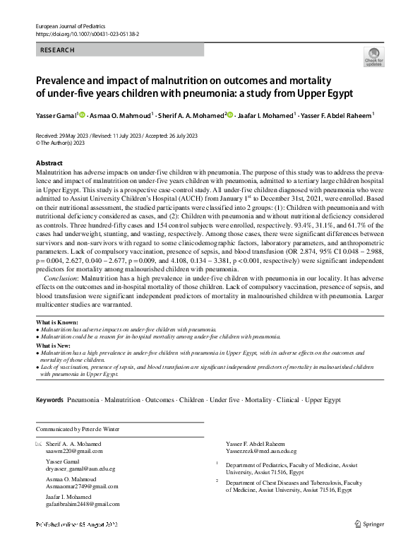(PDF) Prevalence and impact of malnutrition on outcomes and mortality ...