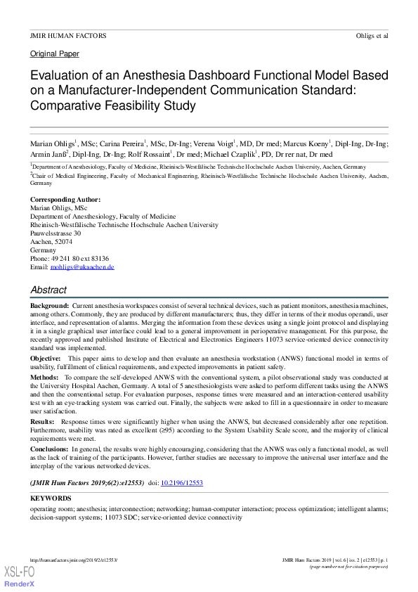 (PDF) Evaluation of an Anesthesia Dashboard Functional Model Based on a ...