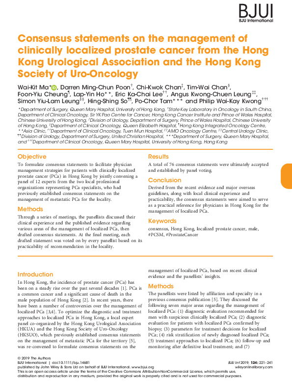 Consensus statements on the management of clinically localized prostate cancer from the Hong Kong Urological Association and the Hong Kong Society of Uro-Oncology