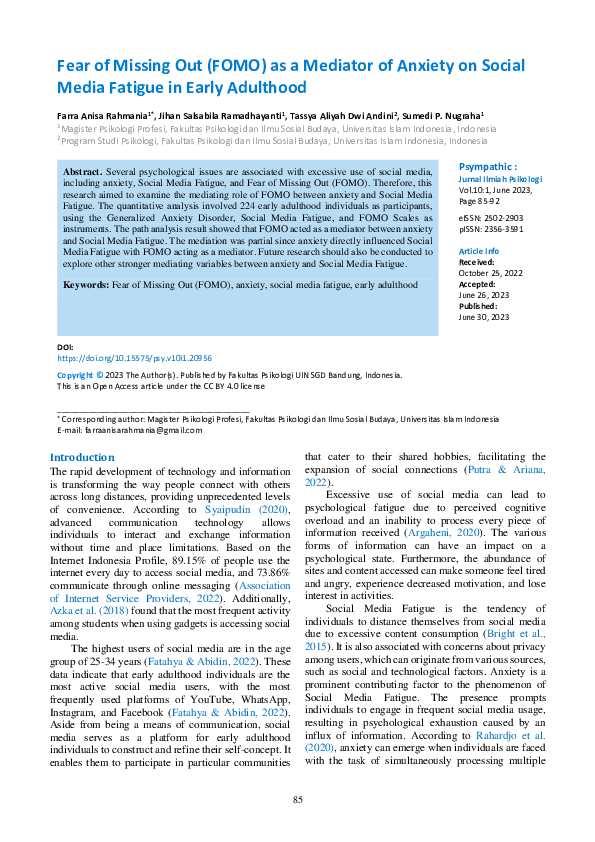 (PDF) Fear of Missing Out (FOMO) as a Mediator of Anxiety on Social ...