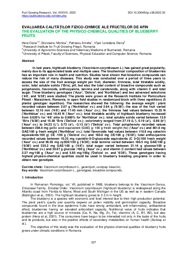 (PDF) The Evaluation of the Physico-Chemical Qualities of Blueberry Fruits