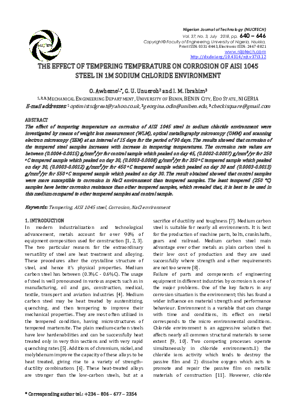 (PDF) The effect of tempering temperature on corrosion of AISI 1045 ...