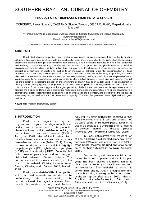 (PDF) Production of bioplastic from potato starch