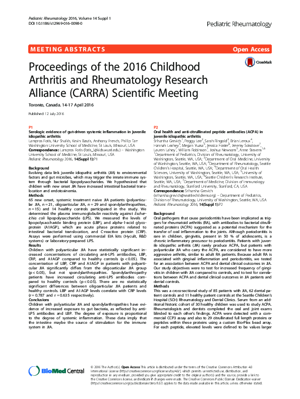 (PDF) Proceedings of the 2016 Childhood Arthritis and Rheumatology Research Alliance (CARRA