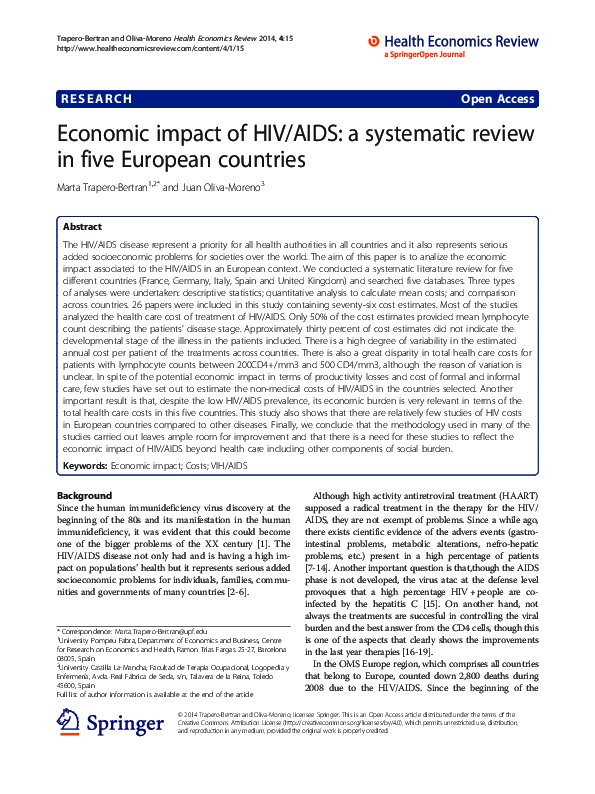 (PDF) Economic impact of HIV/AIDS: a systematic review in five European ...