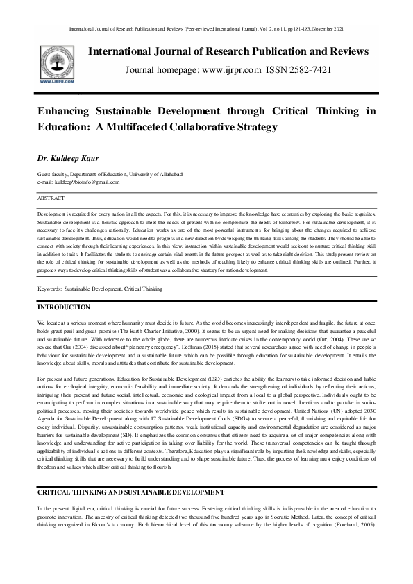 (PDF) Enhancing Sustainable Development through Critical Thinking in ...