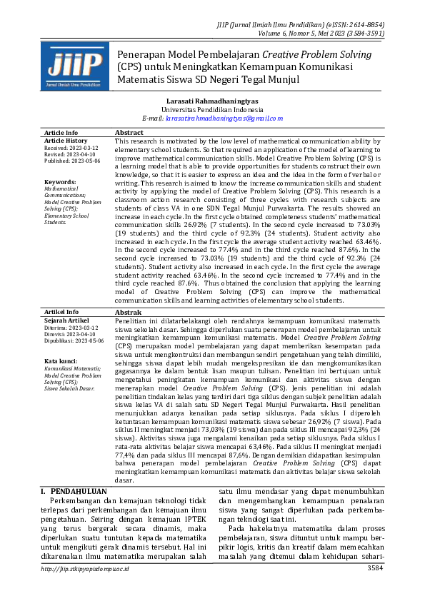 (PDF) Penerapan Model Pembelajaran Creative Problem Solving (CPS) untuk ...