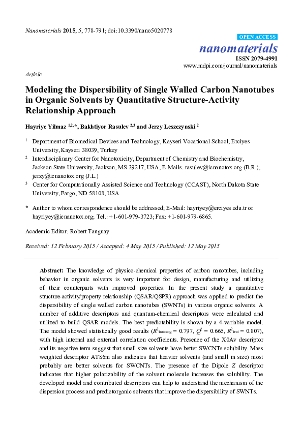 (PDF) Article Modeling the Dispersibility of Single Walled Carbon ...