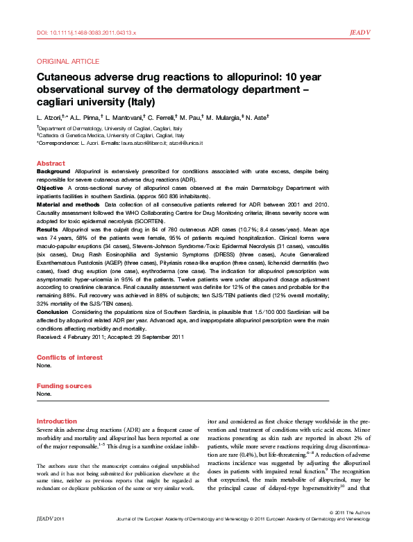 (PDF) Cutaneous adverse drug reactions to allopurinol: 10 year ...