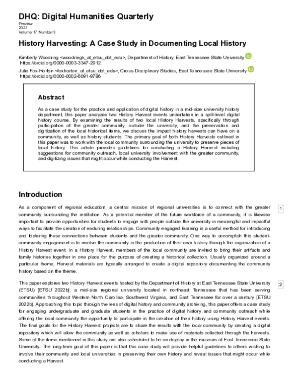 (PDF) History Harvesting: A Case Study in Documenting Local History
