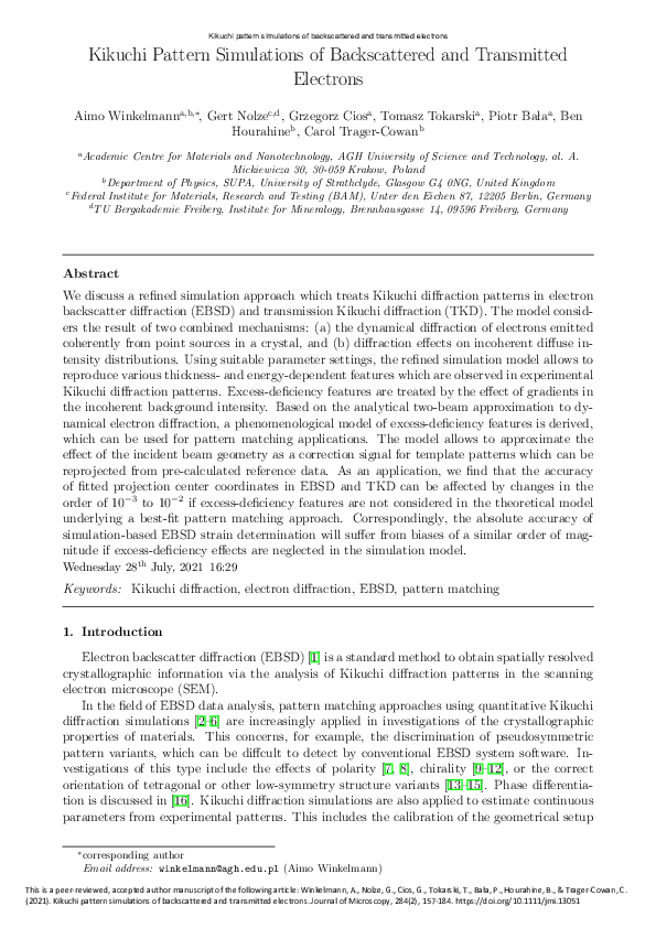 (PDF) Kikuchi pattern simulations of backscattered and transmitted ...
