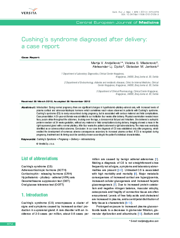 (PDF) Cushing’s syndrome diagnosed after delivery: a case report