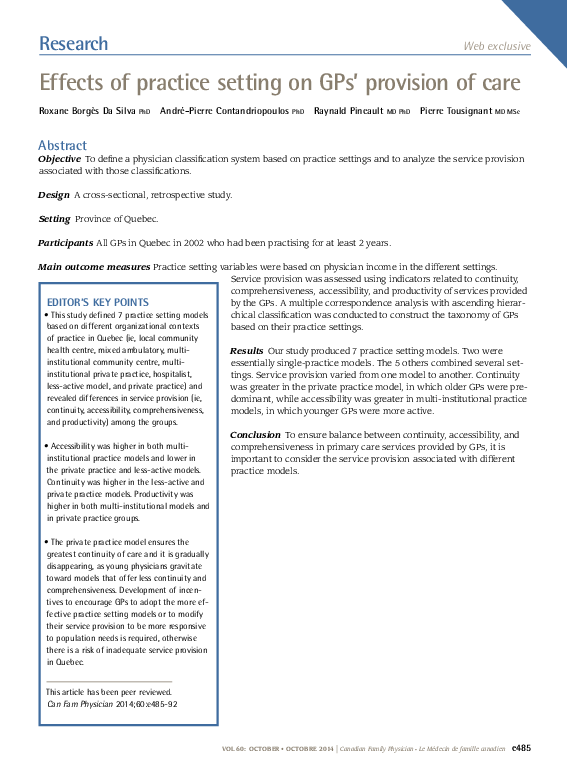 (PDF) Effects of practice setting on GPs' provision of care