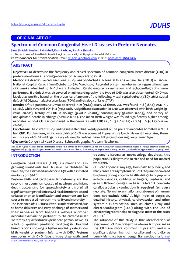 (PDF) Spectrum of Common Congenital Heart Diseases in Preterm Neonates
