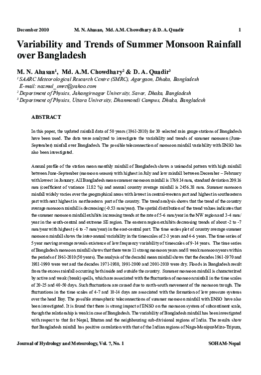 (PDF) Variability and Trends of Summer Monsoon Rainfall over Bangladesh