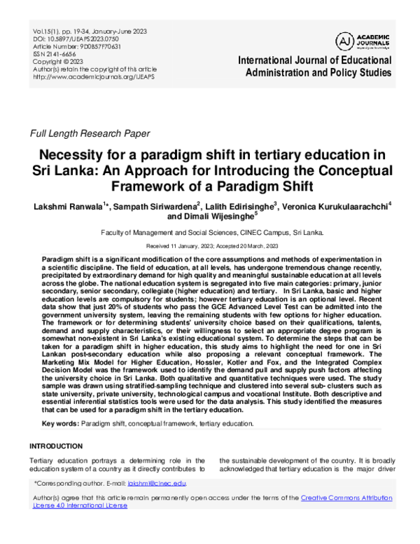 (PDF) Necessity for a paradigm shift in tertiary education in Sri Lanka ...