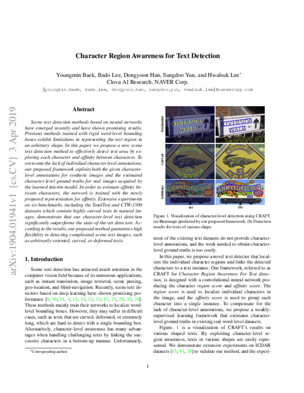 (PDF) Character Region Awareness for Text Detection