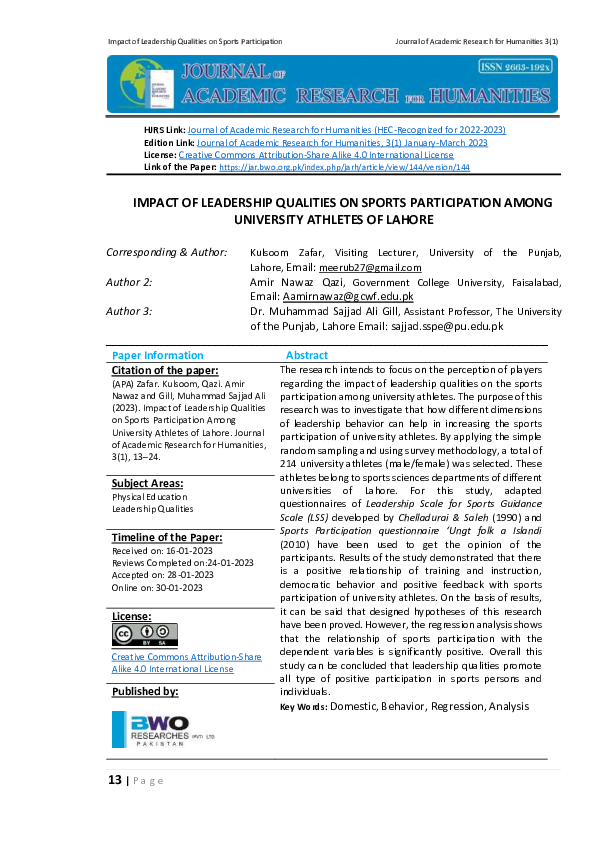 (PDF) IMPACT OF LEADERSHIP QUALITIES ON SPORTS PARTICIPATION AMONG ...