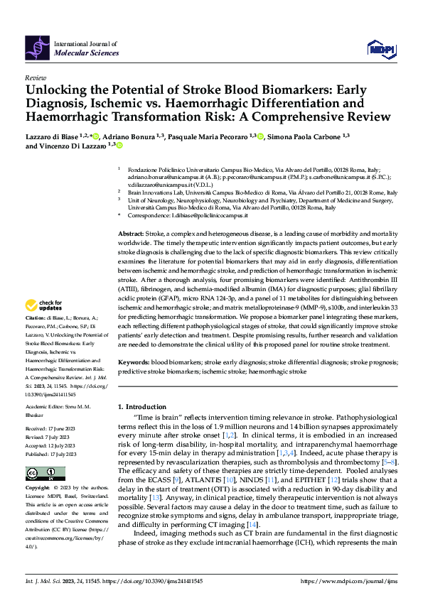 (PDF) Unlocking the Potential of Stroke Blood Biomarkers: Early ...