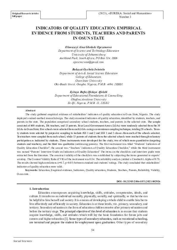 (PDF) Indicators of quality education: empirical evidence from students ...