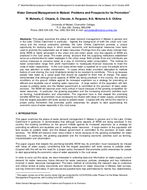 (PDF) Water demand management in Malawi: problems and prospects for its ...