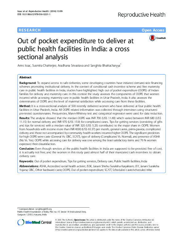 (PDF) Out of pocket expenditure to deliver at public health facilities ...