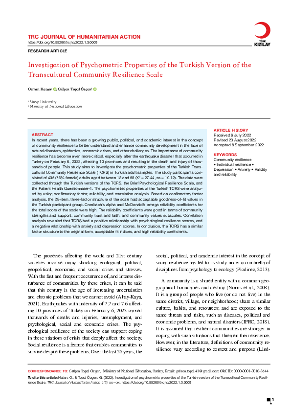 (PDF) Investigation of Psychometric Properties of the Turkish Version ...