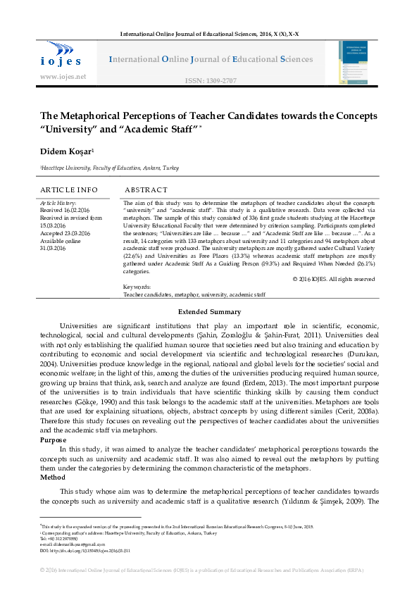 (PDF) The Metaphorical Perceptions Of Teacher Candidates Towards The ...