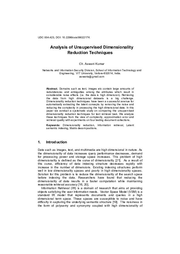 (PDF) Analysis of unsupervised dimensionality reduction techniques