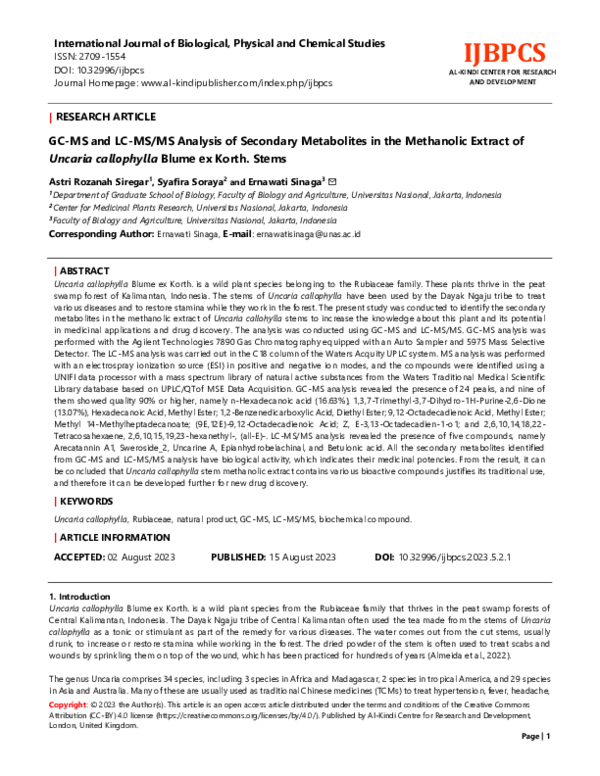 (PDF) GC-MS and LC-MS/MS Analysis of Secondary Metabolites in the ...