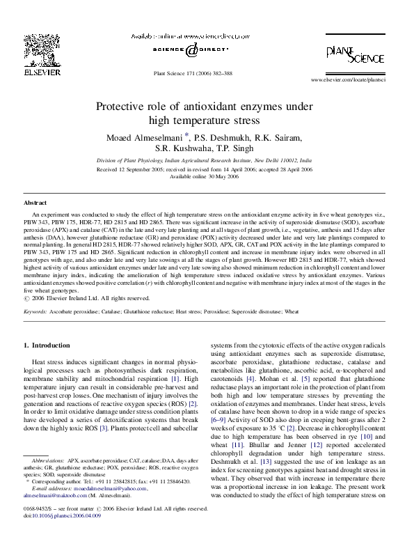 (PDF) Protective role of antioxidant enzymes under high temperature stress