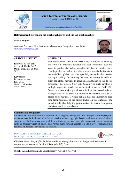 (PDF) Relationship between global stock exchanges and Indian stock market
