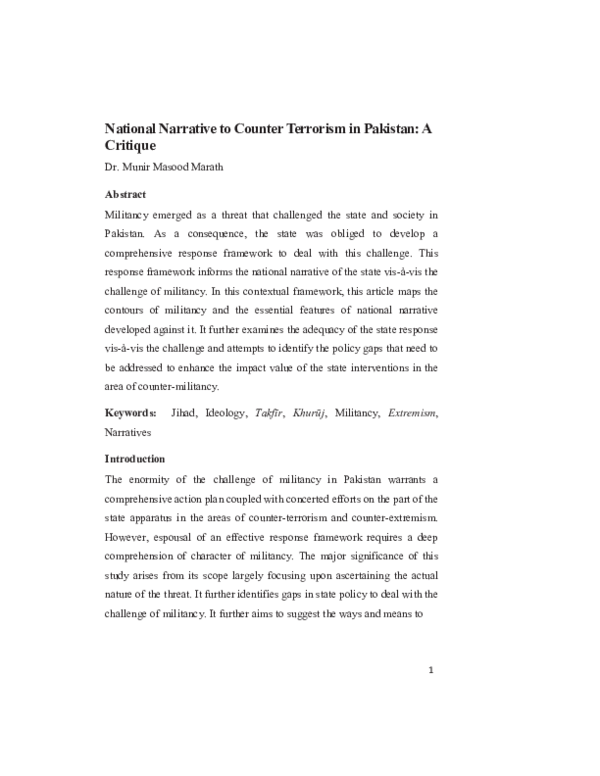 (PDF) National Narrative to Counter Terrorism in Pakistan: A Critique