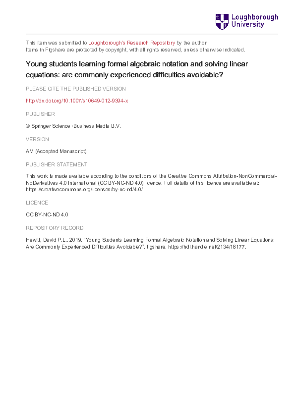 (PDF) Young students learning formal algebraic notation and solving ...