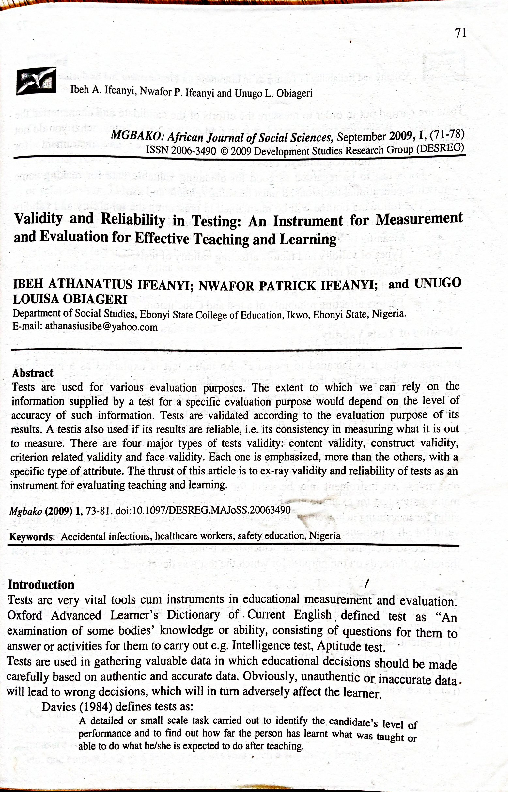 (PDF) Validity and Reliability in Testing: An Instrument for ...