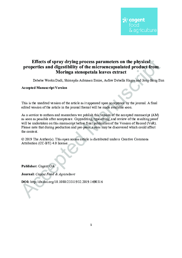 (PDF) Effects of spray drying process parameters on the physical ...