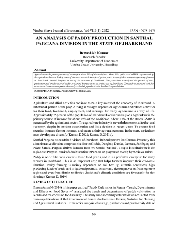 (PDF) AN ANALYSIS OF PADDY PRODUCTION IN SANTHAL PARGANA DIVISION IN ...