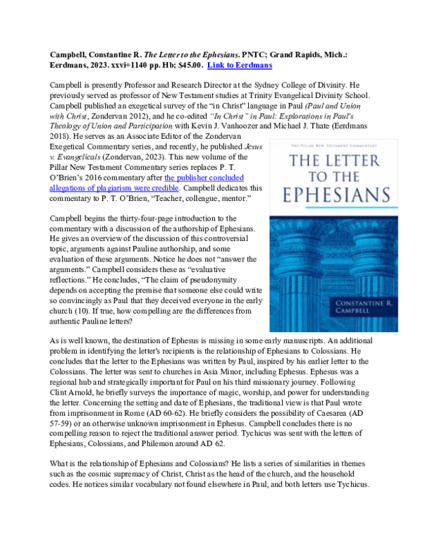 (PDF) Constantine R. Campbell, The Letter to the Ephesians. PNTC; Grand ...