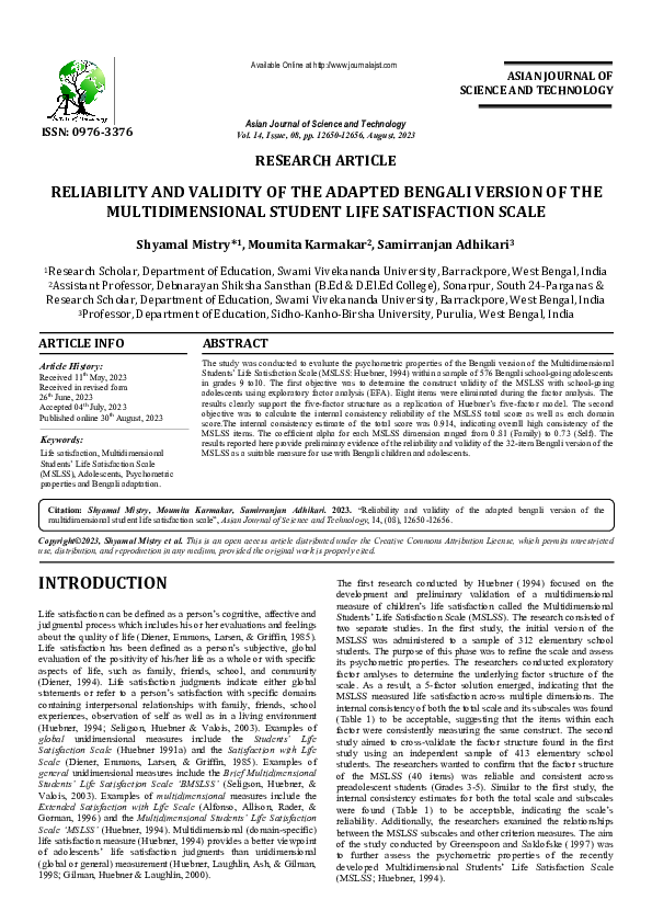 (PDF) RELIABILITY AND VALIDITY OF THE ADAPTED BENGALI VERSION OF THE ...