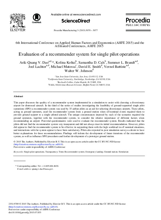 (PDF) Evaluation of a Recommender System for Single Pilot Operations