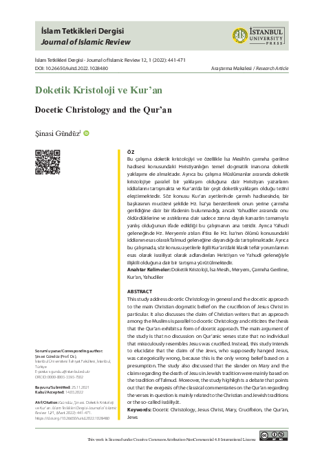 (PDF) Doketik Kristoloji ve Kur'an Docetic Christology and the Qur'an