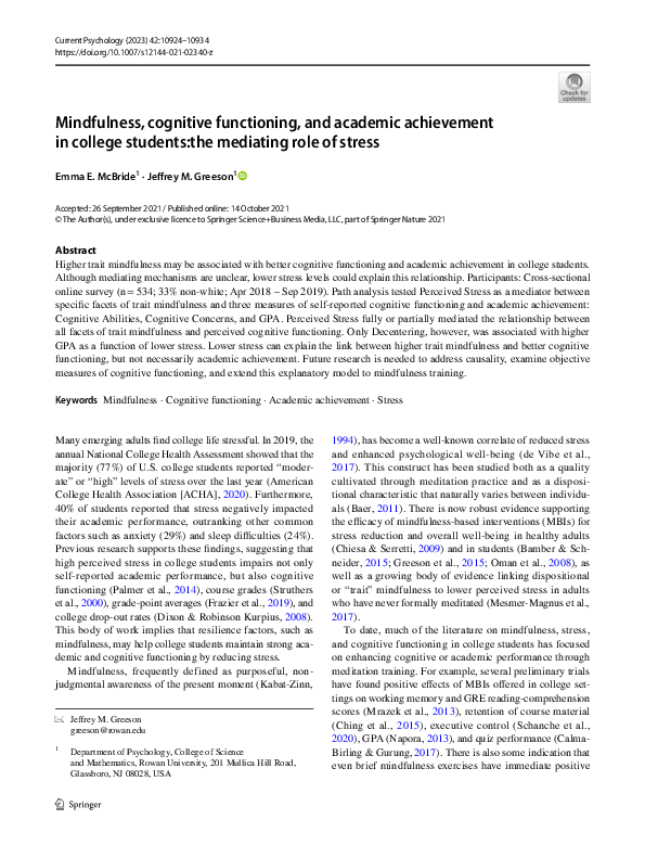 (PDF) Mindfulness, cognitive functioning, and academic achievement in ...