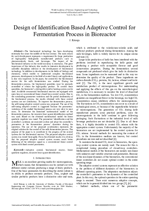 (PDF) Design of Identification Based Adaptive Control for Fermentation ...