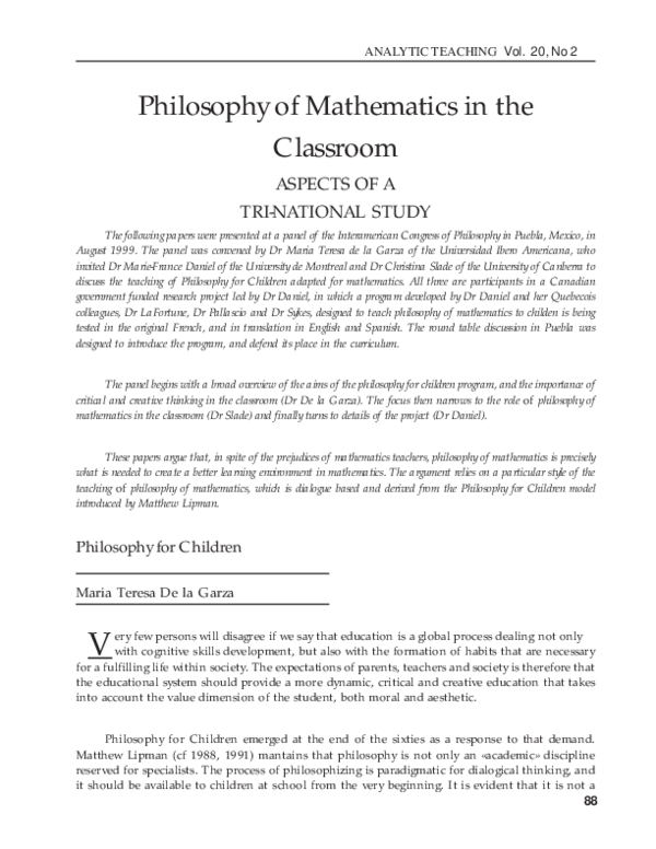 (PDF) Philosophy of Mathematics in the Classroom: ASPECTS OF A TRI ...