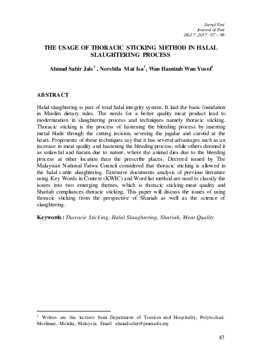 (PDF) The Usage of Thoracic Sticking Method in Halal Slaughtering Process