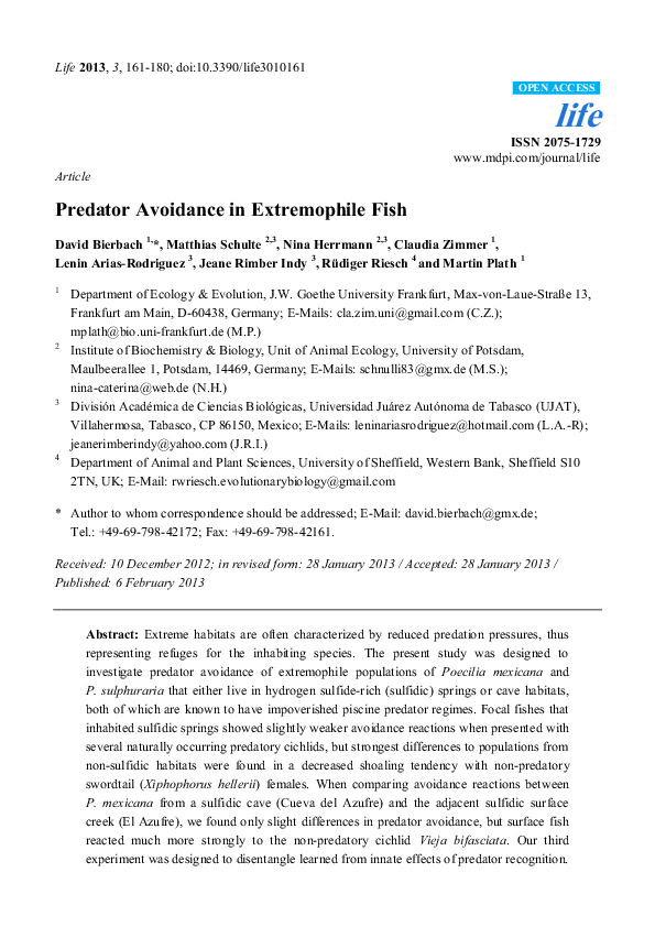 (PDF) Predator Avoidance in Extremophile Fish