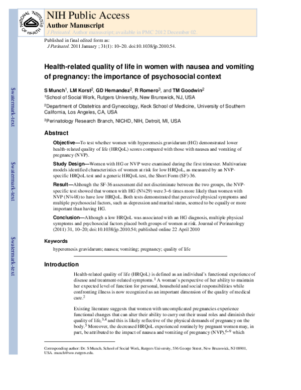 (PDF) Health-related quality of life in women with nausea and vomiting ...