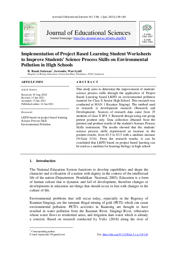(PDF) Implementation of Project Based Learning Student Worksheets to ...