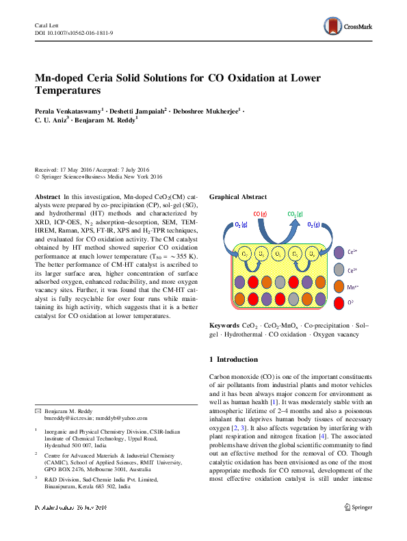 (PDF) Mn-doped Ceria Solid Solutions for CO Oxidation at Lower Temperatures